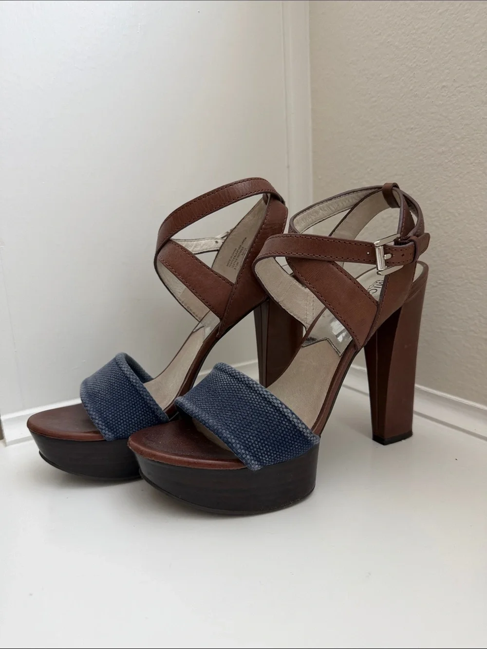 Michael Kora Brown Leather and Navy Platform Block Heel Sandals